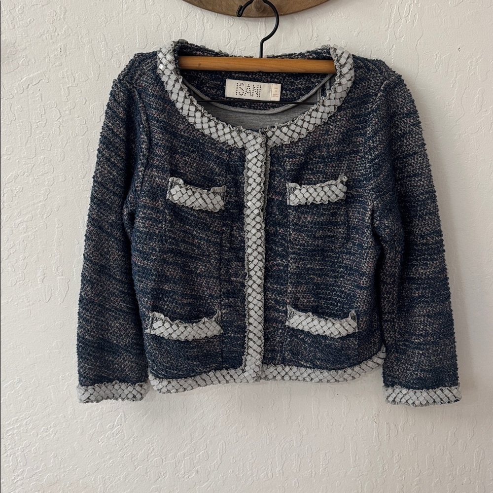 Anthropologie Isani Women’s Embellished Tweed Jacket Blazer Navy Medium - Picture 2 of 6